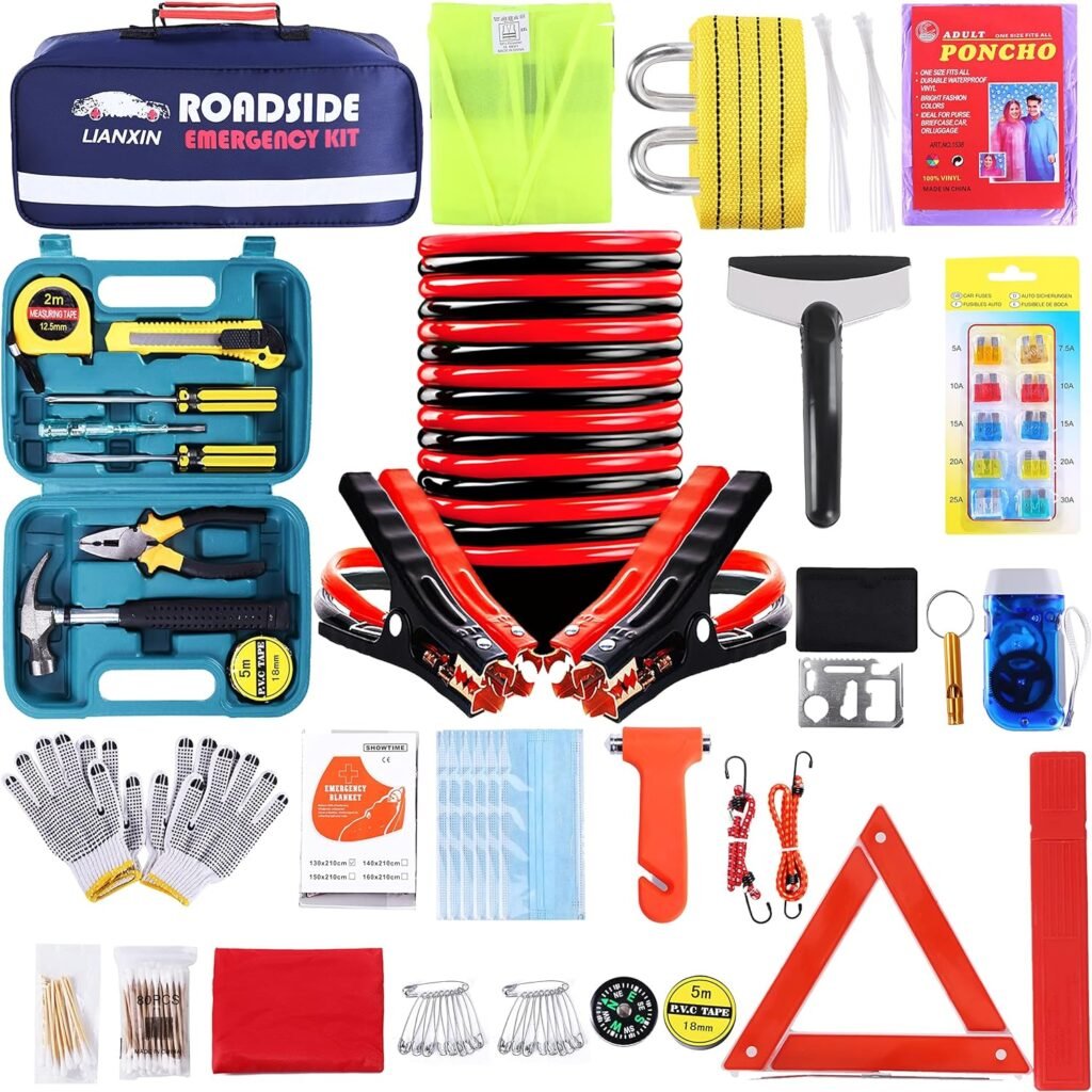 LIANXIN Roadside Assistance Emergency Kit - Car Emergency Kit with Jumper Cables (Upgraded) Emergency Roadside Kit for Car 142 Pieces Car Safety Kits,Tow Strap,Tool Kit,Reflective Warning Triangle