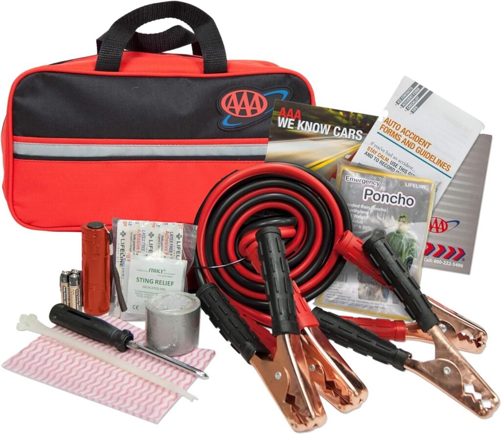 Lifeline AAA Premium Road Kit, 42 Piece Emergency Car Kit with Jumper Cables, Flashlight and First Aid Kit,4330AAA,Black