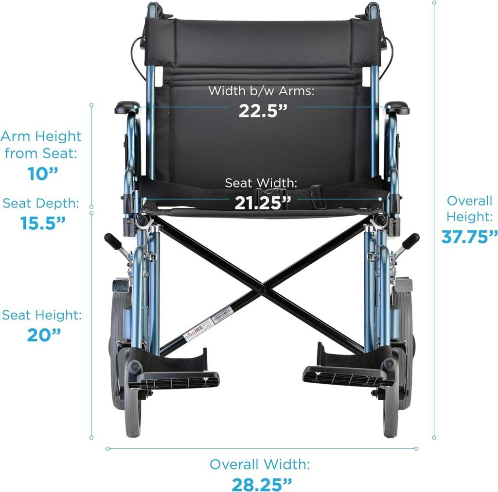 NOVA Heavy Duty Bariatric Transport Chair with 400 lb. Weight Capacity, 22” Extra-Wide Seat with Locking Hand Brakes, Flip Up Arms (for Easy Transfer), Anti-Tippers, 12” Rear Wheels, Color Blue