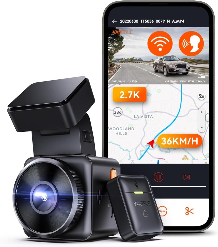 Vantrue E1 2.7K WiFi Mini Dash Cam, Voice Control Front Car Dash Camera with GPSSpeed, Super Night Vision, Wireless ControllerAPP, 24 Hours Parking Mode, Buffered Motion Detection, Support 512GB Max