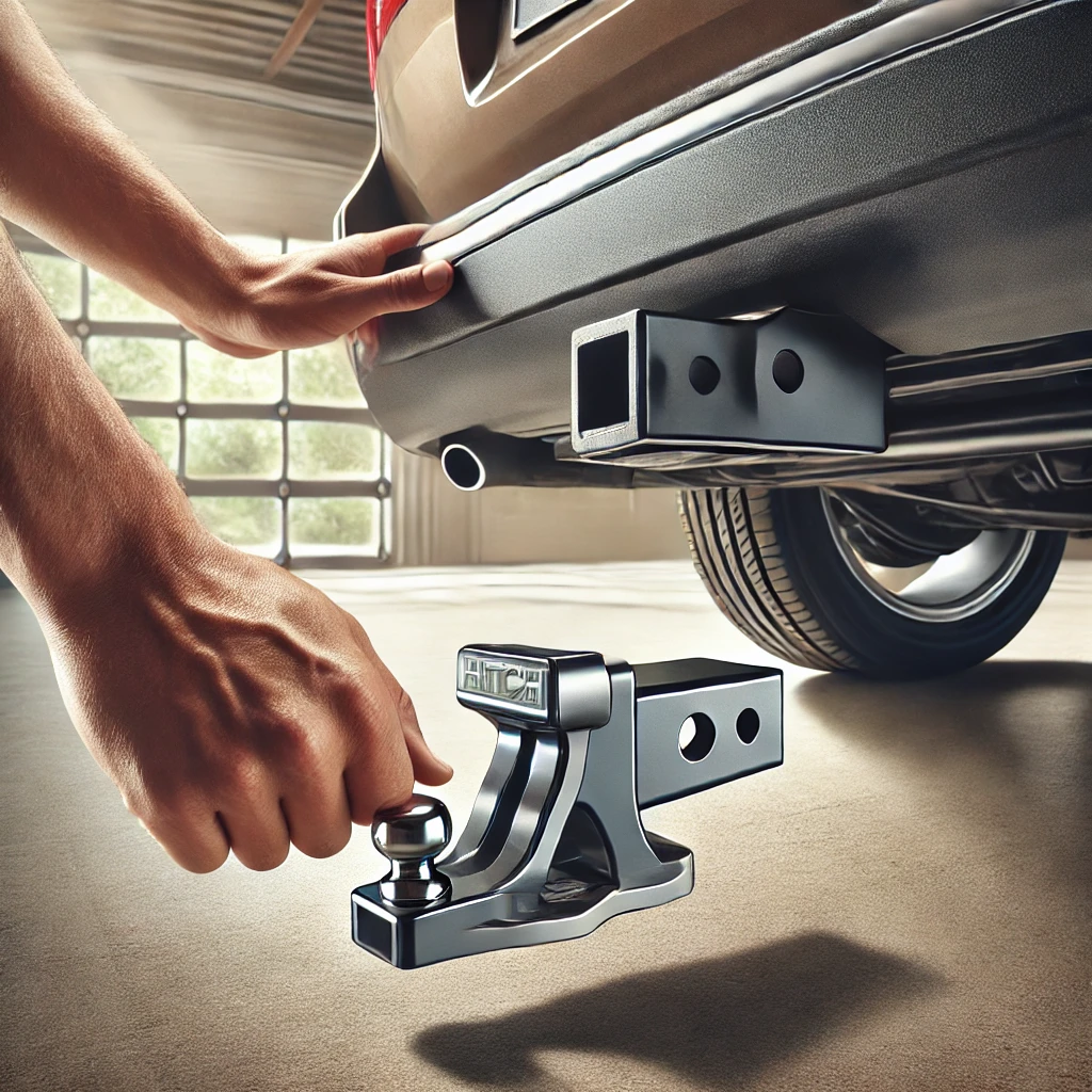 Close-up of a car hitch being installed on a vehicle, showcasing the hitch and receiver in a well-lit garage setting